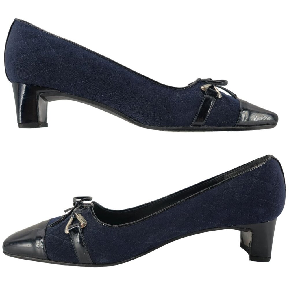 Stuart Weitzman 8.5AAAA Navy Crepe Fabric Black Leather Dress Bow Heels Womens - Picture 10 of 15